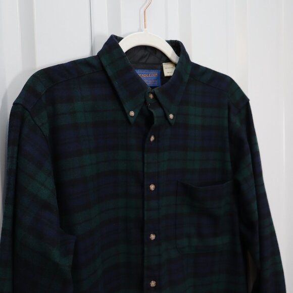 Pendleton Mens Fireside Black Watch Tartan Wool Button Down Shirt Blue Green Med - Picture 3 of 11
